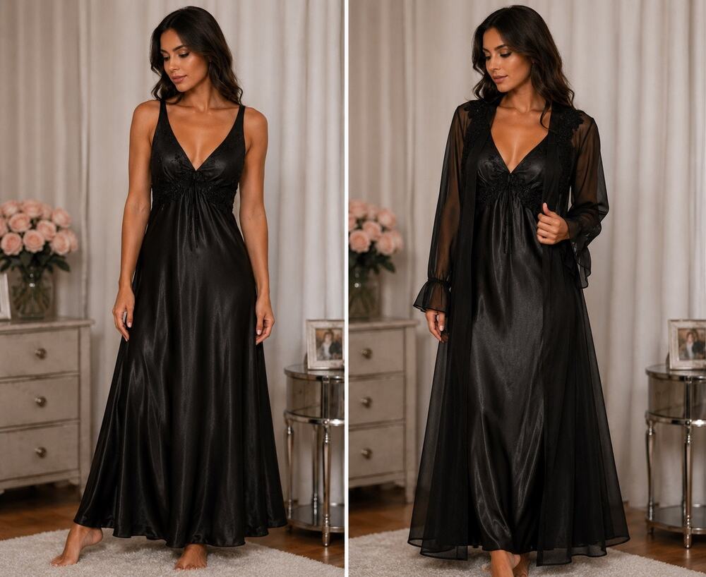Vintage California Dynasty Black Satin Nightgown & Sheer Robe Set Lace Peignoir